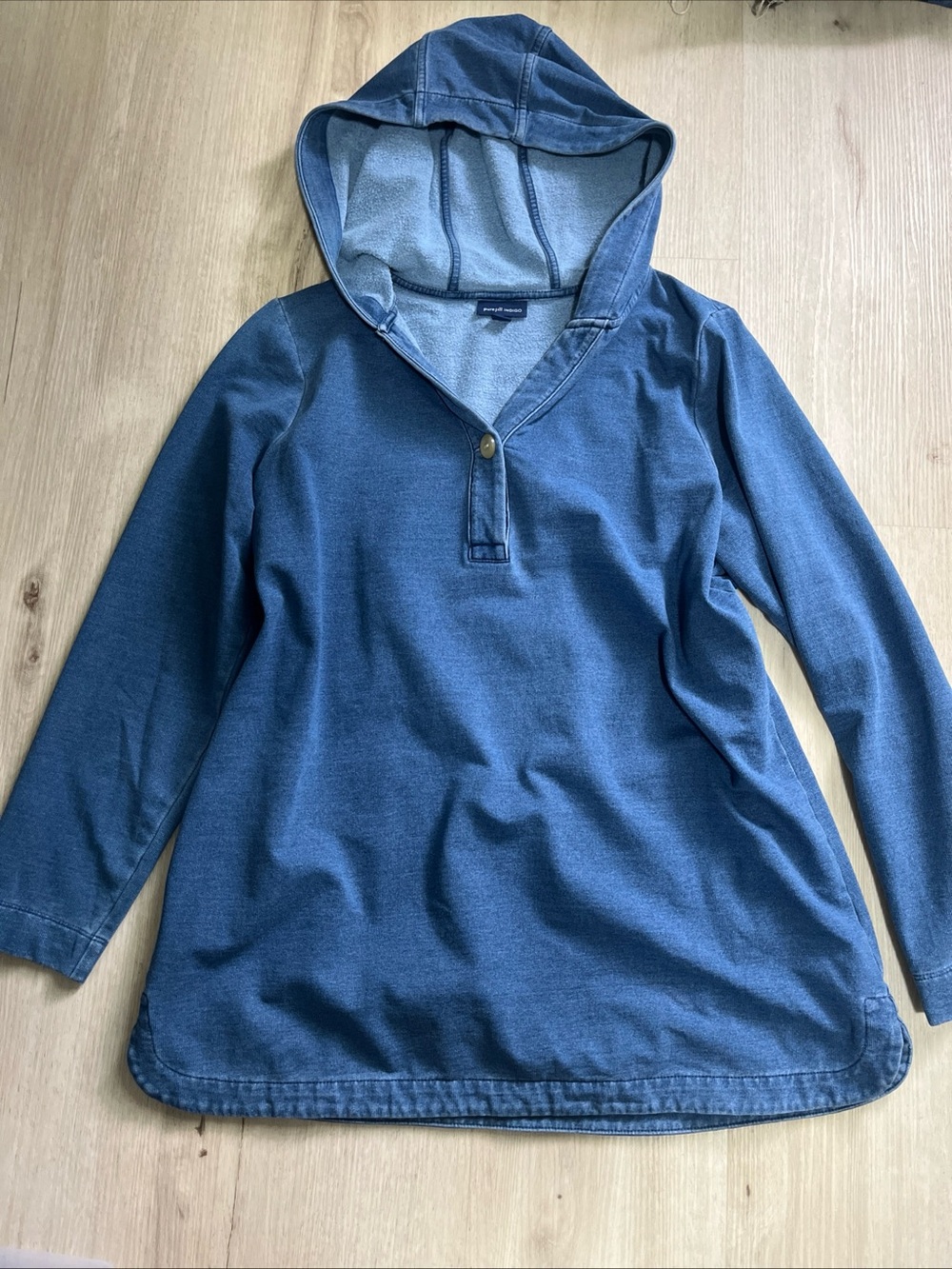 Women's Blue Hooded Pullover Sweatshirt with V-Neck